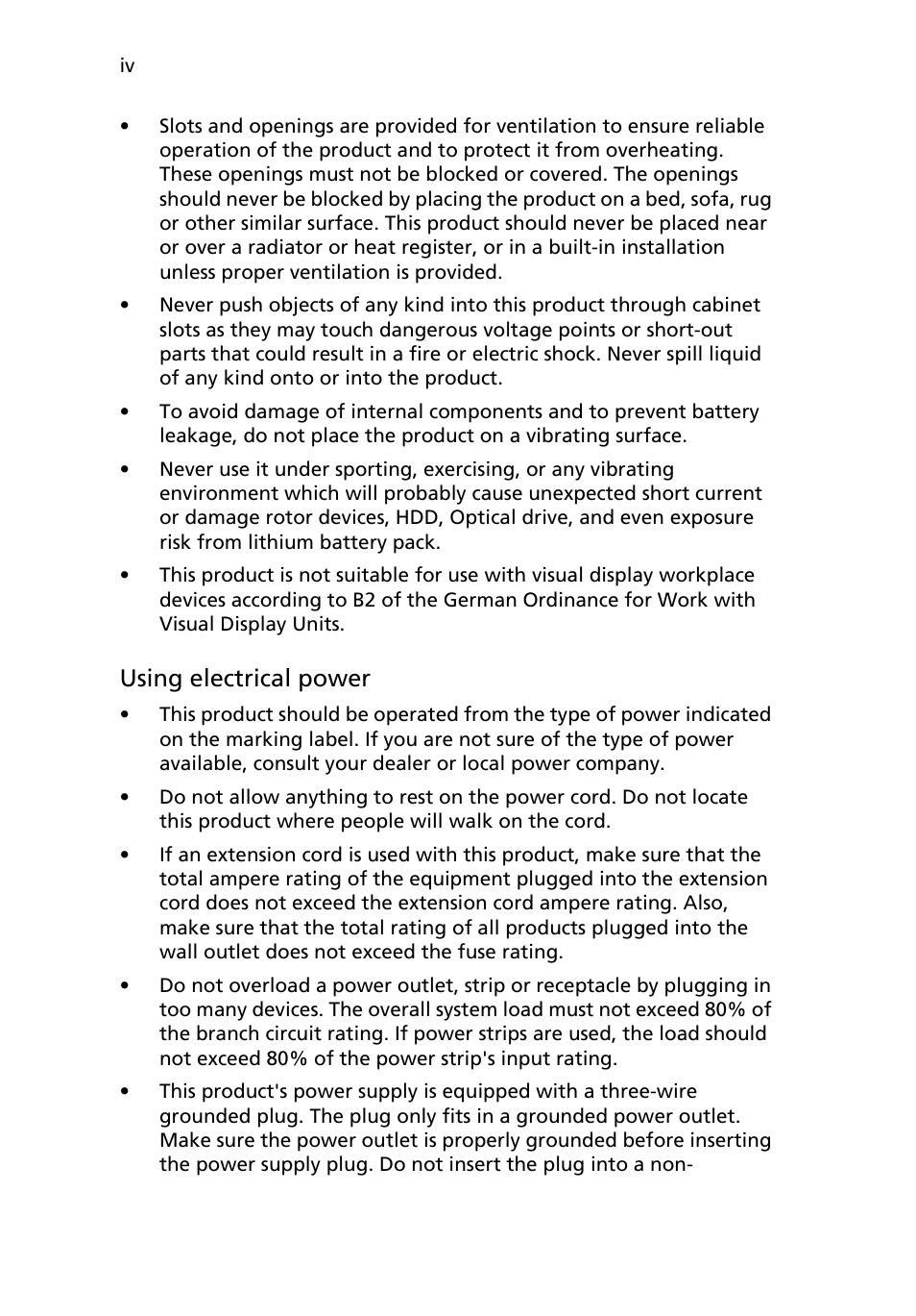 Using electrical power | Acer AR180 F1 User Manual | Page 4 / 178