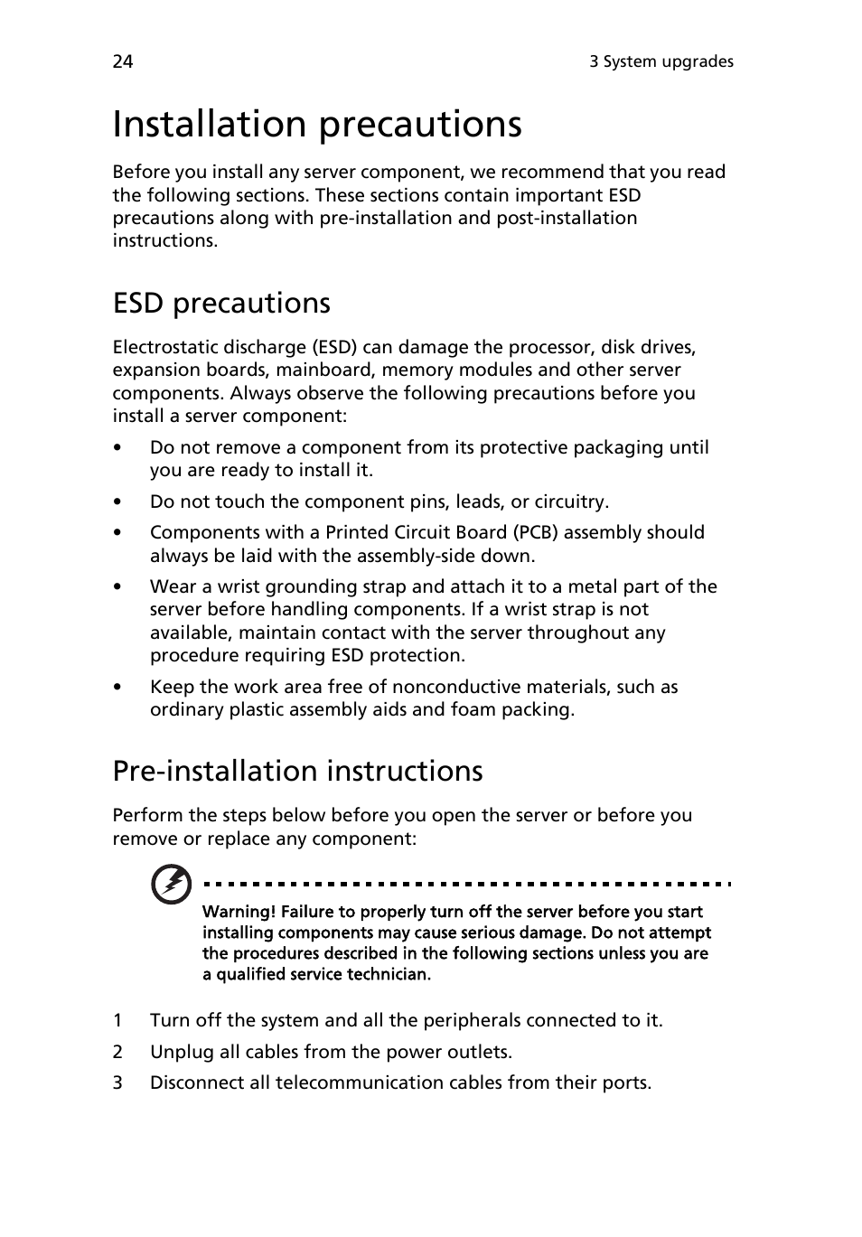 Installation precautions, Esd precautions, Pre-installation instructions | Acer AR180 F1 User Manual | Page 42 / 178