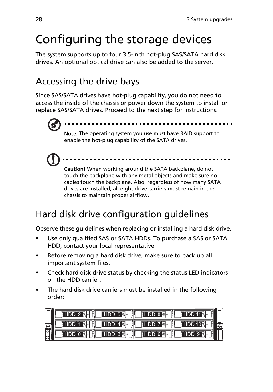 Configuring the storage devices, Accessing the drive bays, Hard disk drive configuration guidelines | Acer AR180 F1 User Manual | Page 46 / 178