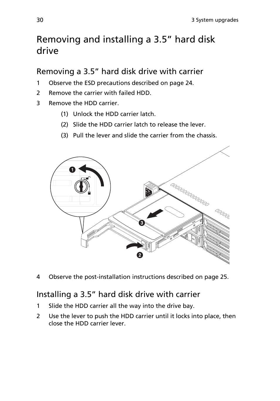 Removing and installing a 3.5” hard disk drive, Removing a 3.5” hard disk drive with carrier, Installing a 3.5” hard disk drive with carrier | Acer AR180 F1 User Manual | Page 48 / 178