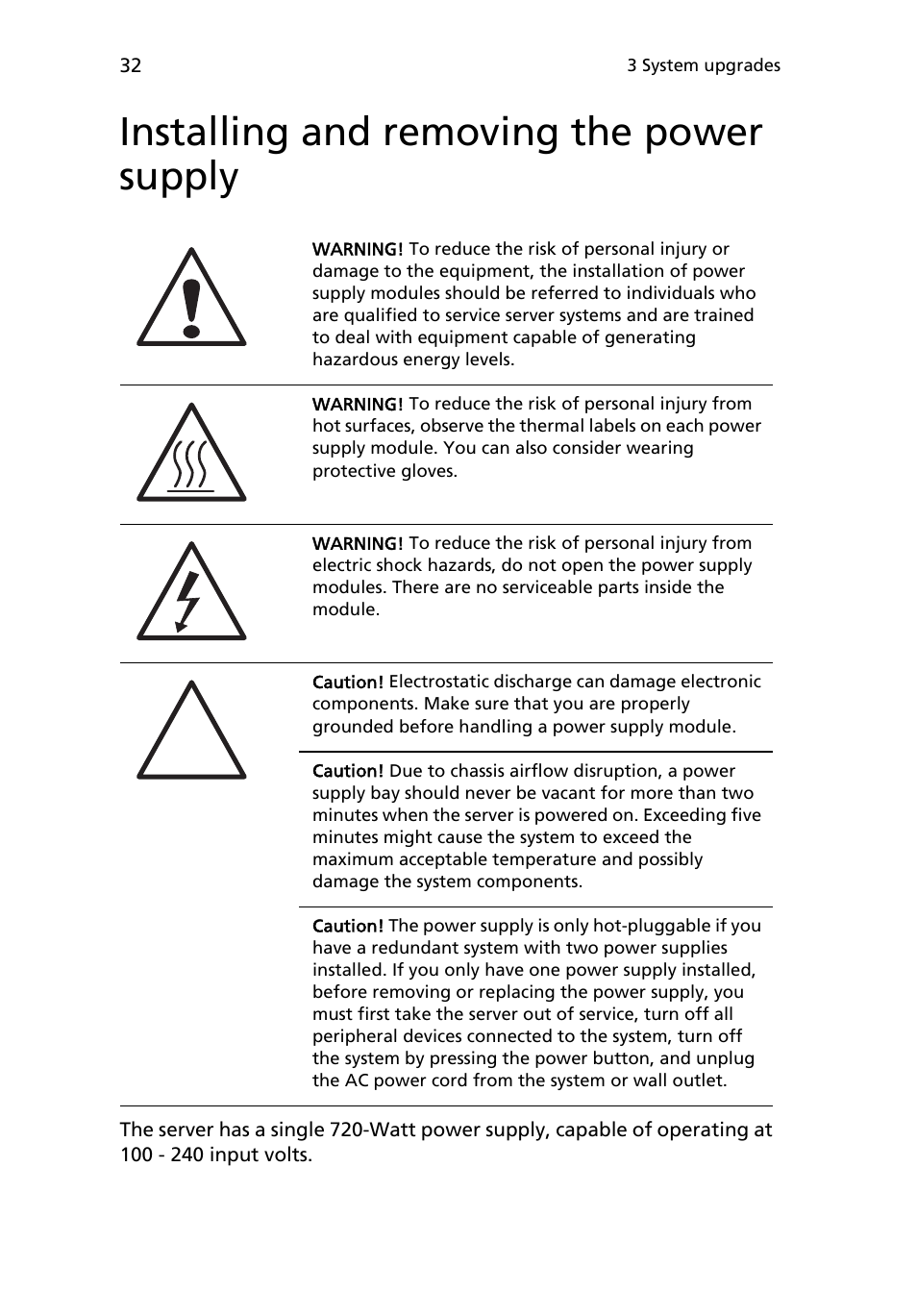 Installing and removing the power supply | Acer AR180 F1 User Manual | Page 50 / 178