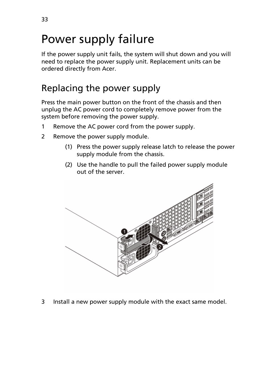 Power supply failure, Replacing the power supply | Acer AR180 F1 User Manual | Page 51 / 178