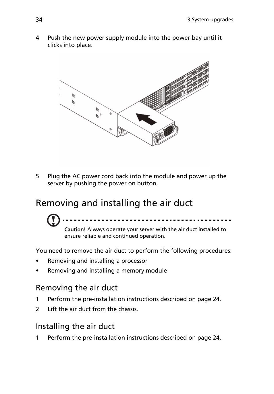 Removing and installing the air duct, Removing the air duct, Installing the air duct | Acer AR180 F1 User Manual | Page 52 / 178