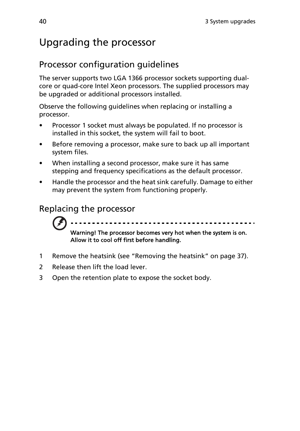 Upgrading the processor, Processor configuration guidelines, Replacing the processor | Acer AR180 F1 User Manual | Page 58 / 178