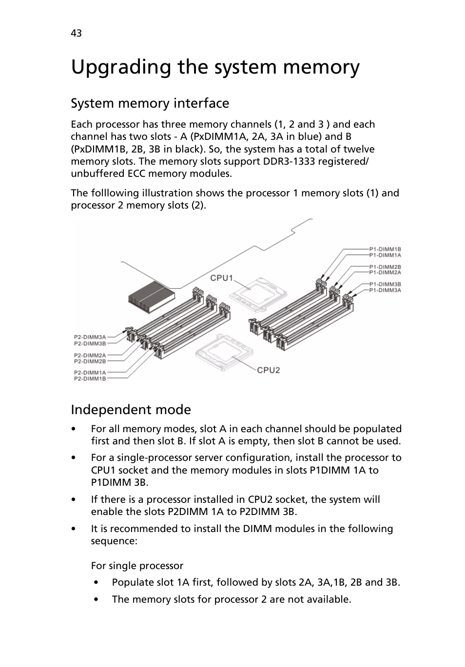 Upgrading the system memory, Independent mode | Acer AR180 F1 User Manual | Page 61 / 178