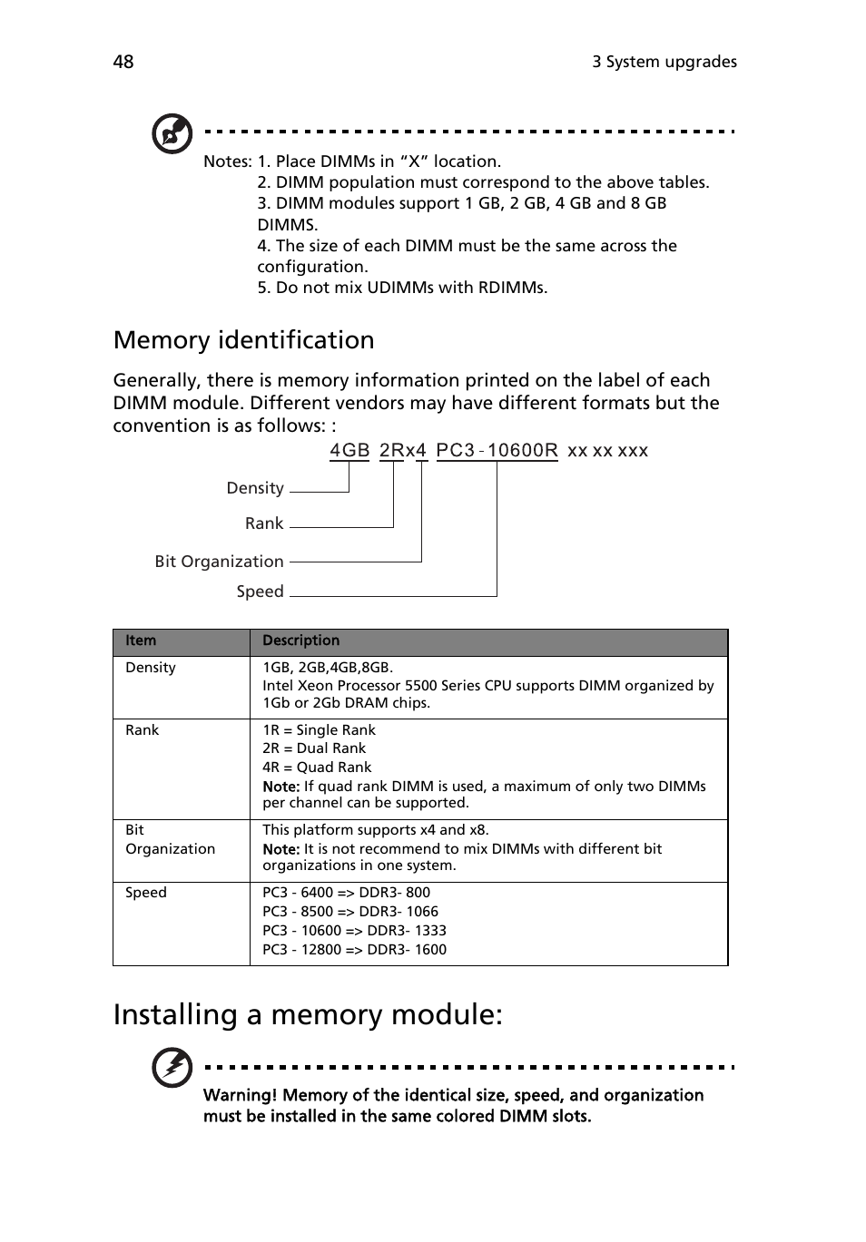 Installing a memory module | Acer AR180 F1 User Manual | Page 66 / 178