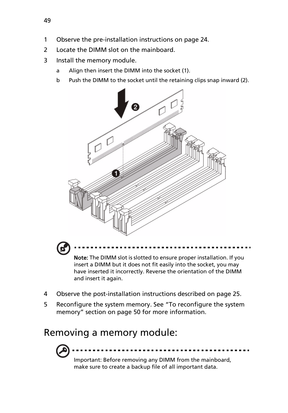 Removing a memory module | Acer AR180 F1 User Manual | Page 67 / 178