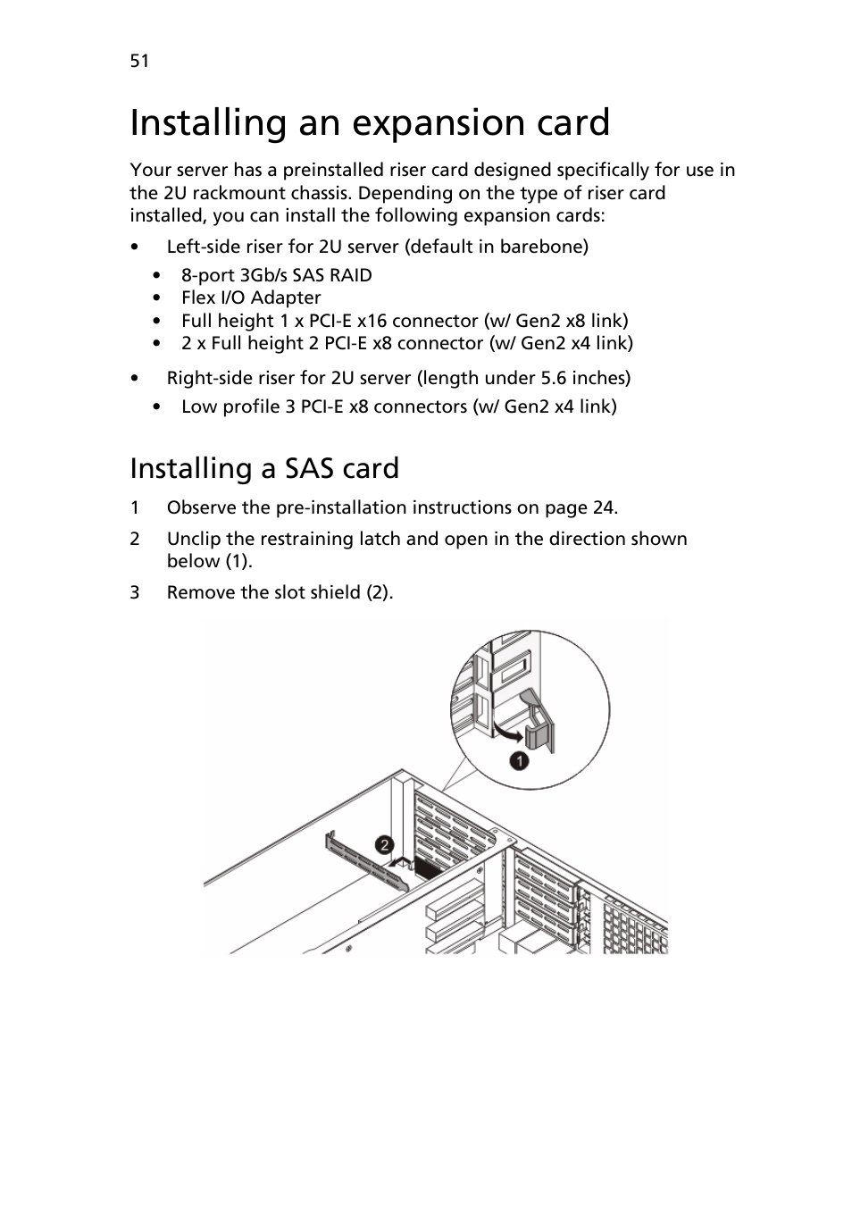 Installing an expansion card, Installing a sas card | Acer AR180 F1 User Manual | Page 69 / 178