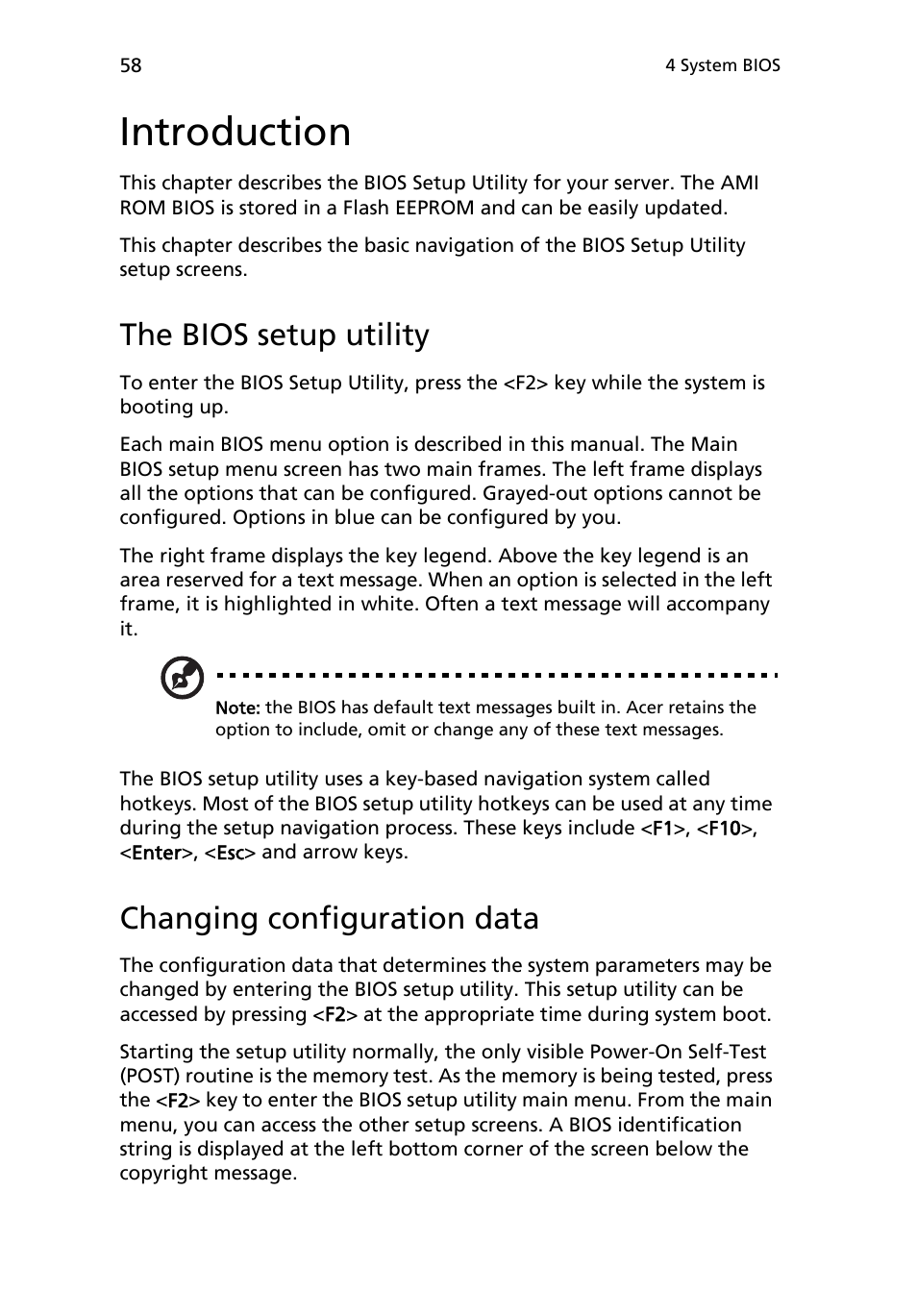 Introduction, The bios setup utility, Changing configuration data | Acer AR180 F1 User Manual | Page 76 / 178