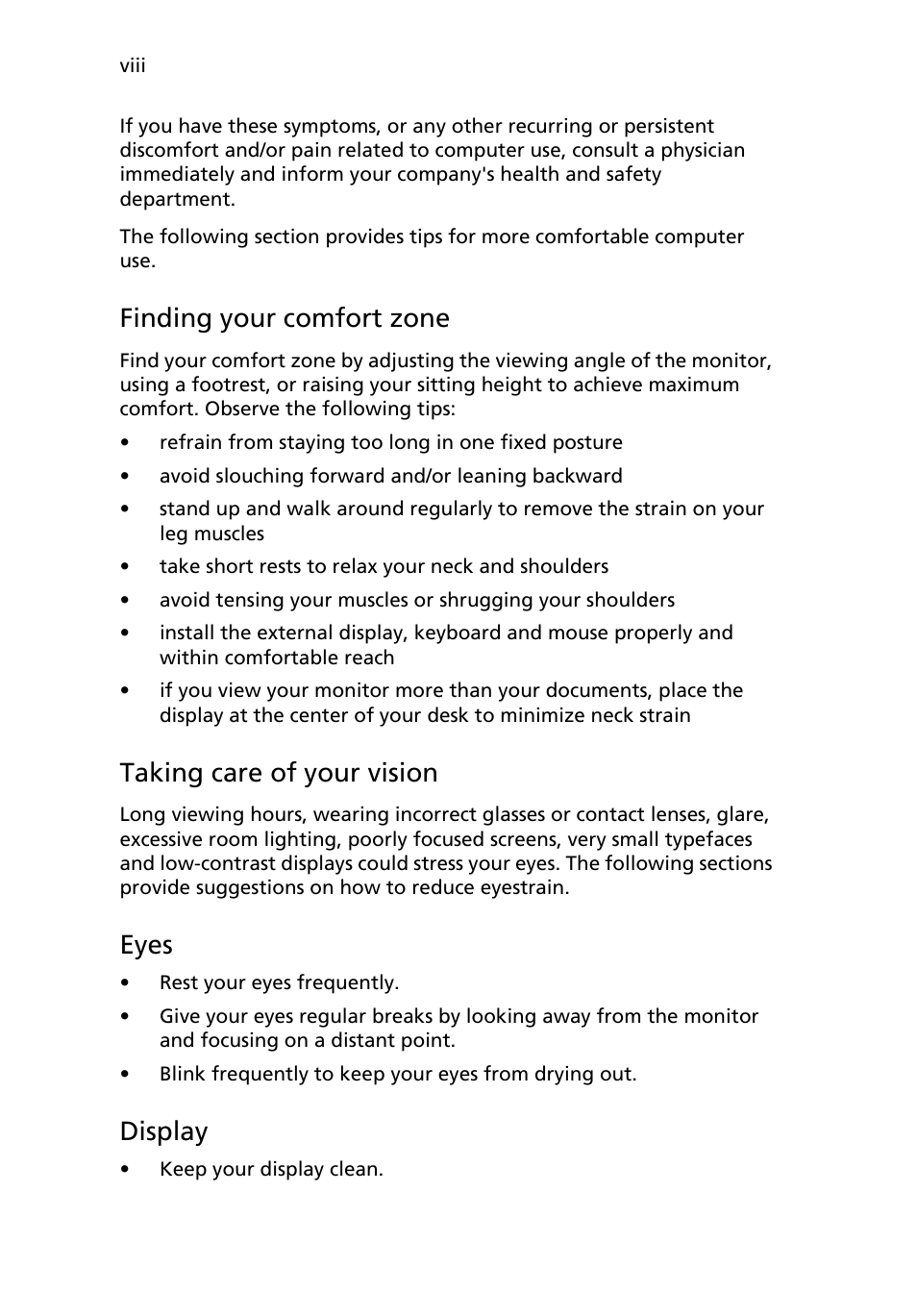 Finding your comfort zone, Taking care of your vision, Eyes | Display | Acer AR180 F1 User Manual | Page 8 / 178