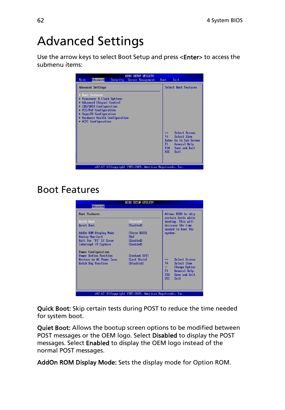 Advanced settings, Boot features | Acer AR180 F1 User Manual | Page 80 / 178