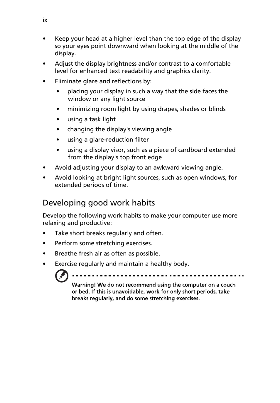 Developing good work habits | Acer AR180 F1 User Manual | Page 9 / 178