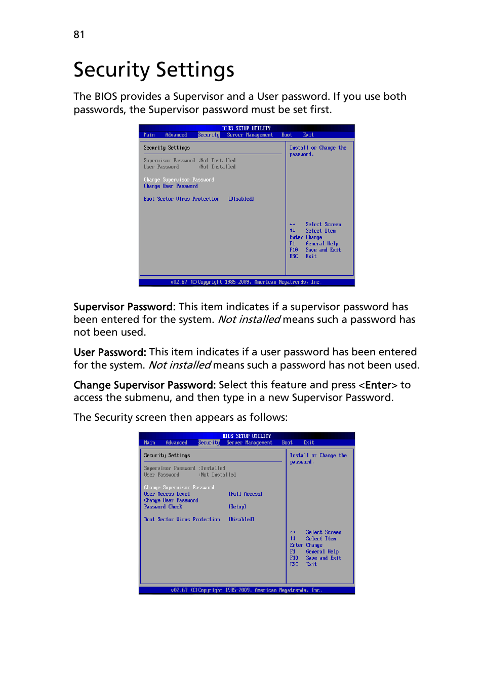 Security settings | Acer AR180 F1 User Manual | Page 99 / 178