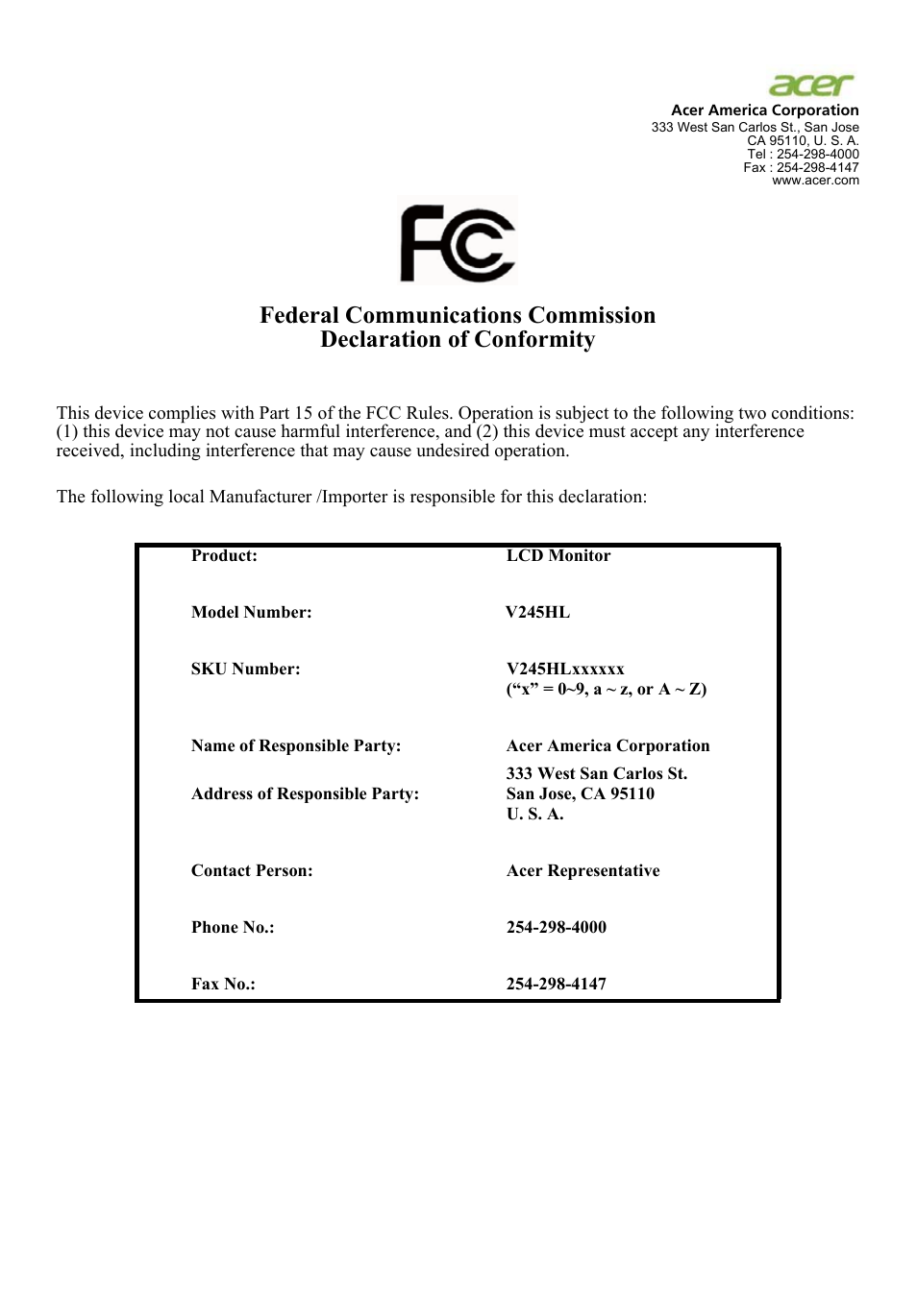 Acer V245HL User Manual | Page 10 / 29