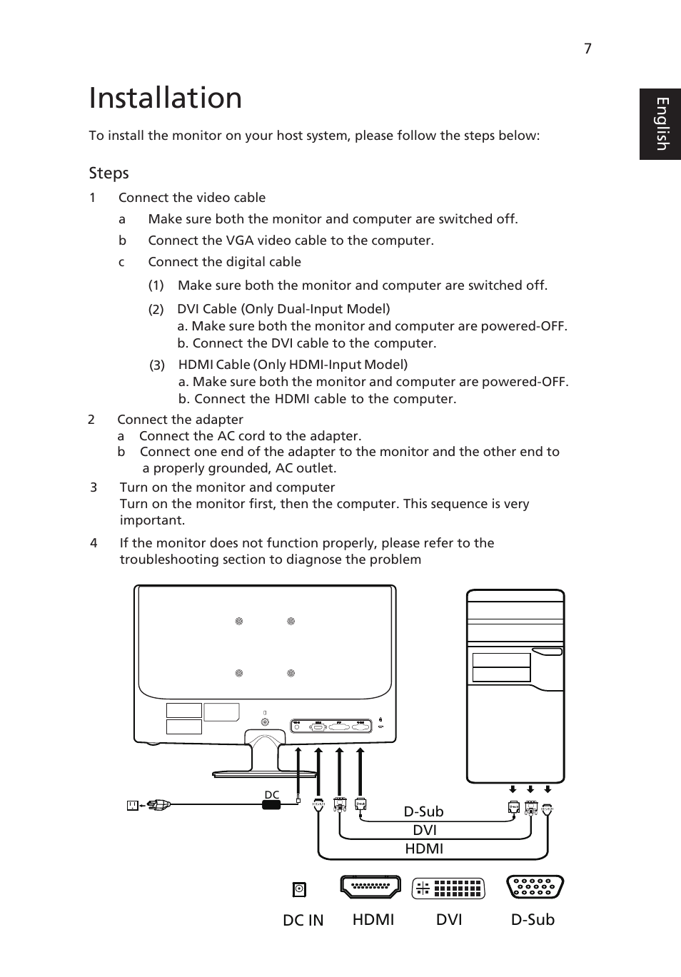 Standard timing table, Installation | Acer V245HL User Manual | Page 21 / 29