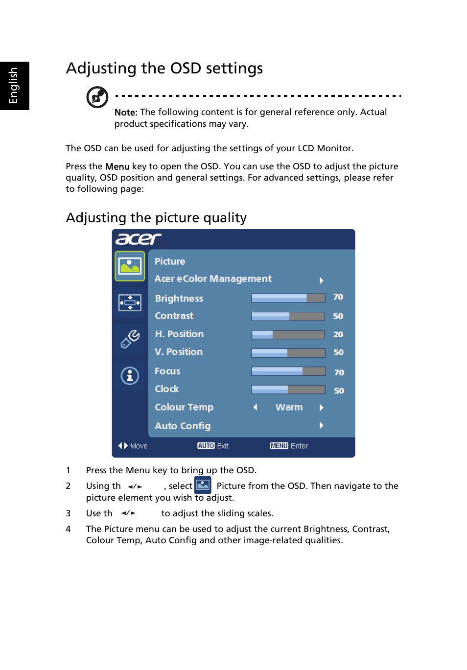 Adjusting the osd settings, Adjusting the picture quality | Acer V245HL User Manual | Page 24 / 29