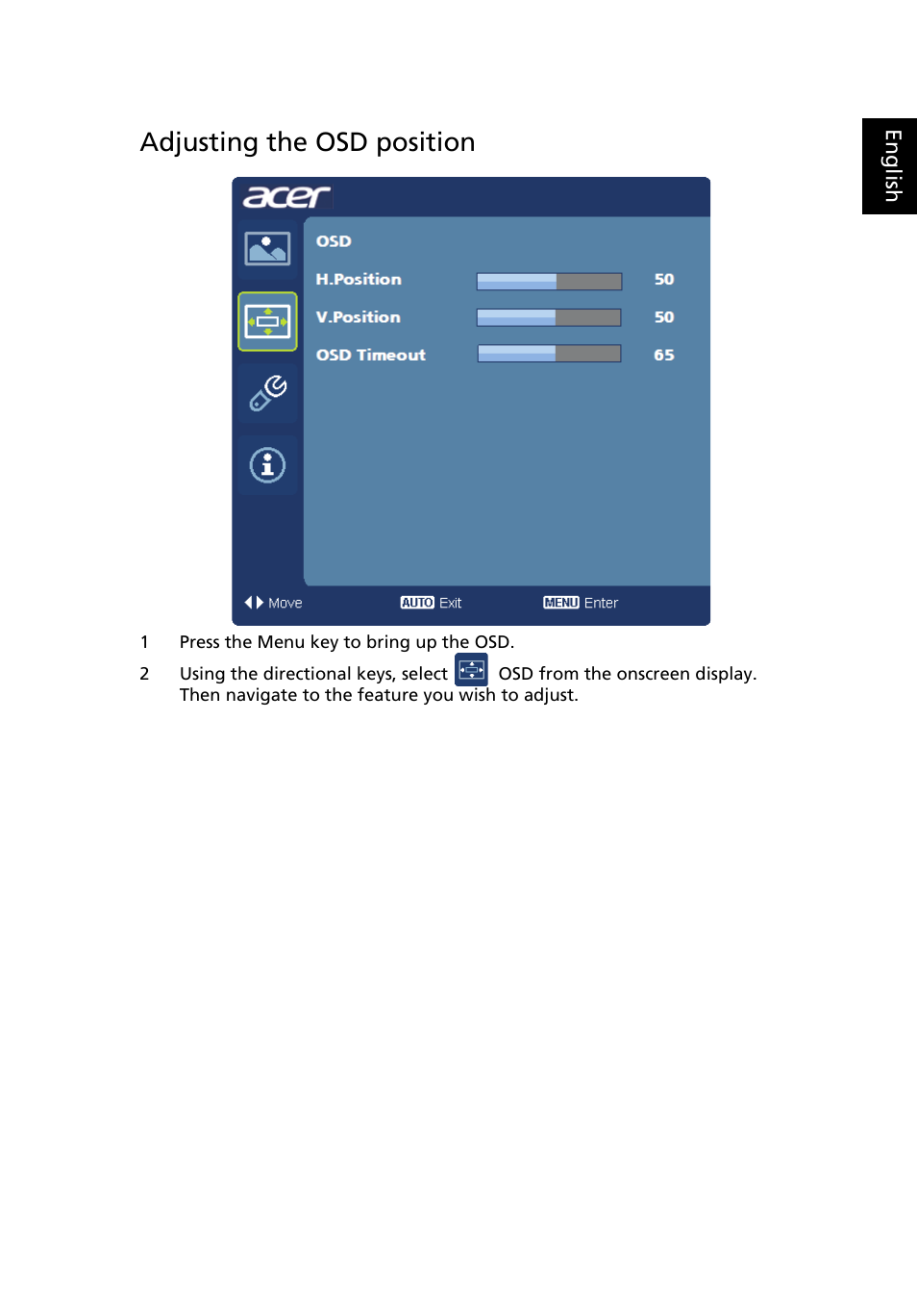 Adjusting the osd position | Acer V245HL User Manual | Page 25 / 29