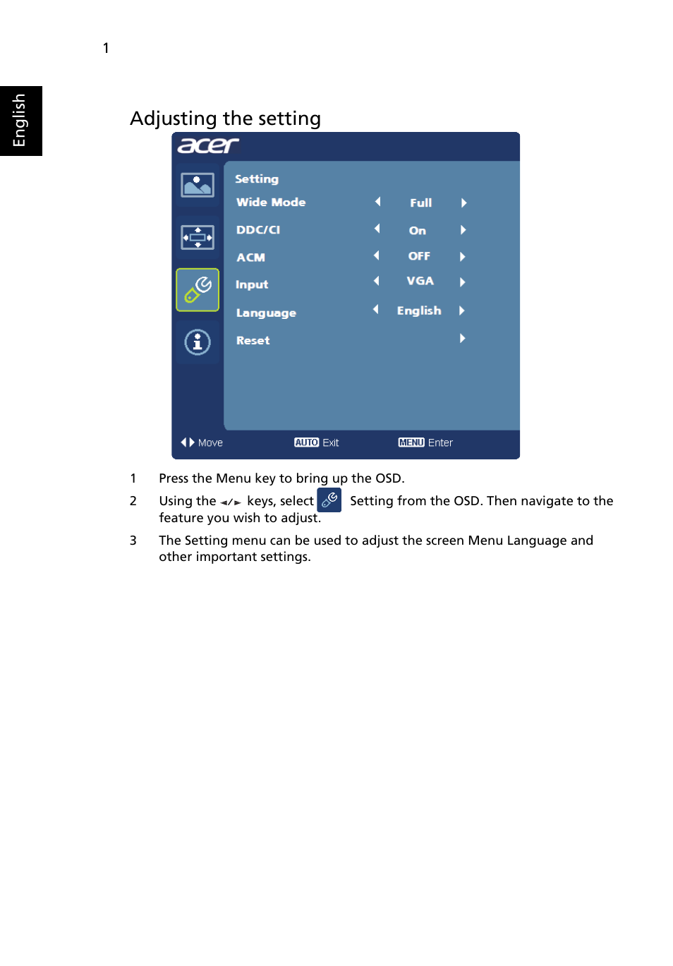 Adjusting the setting | Acer V245HL User Manual | Page 26 / 29