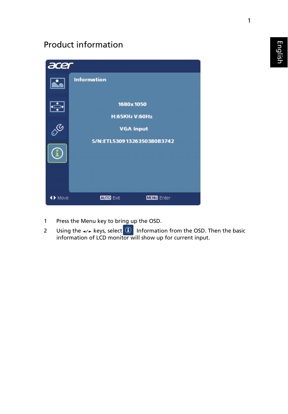 Product information | Acer V245HL User Manual | Page 27 / 29