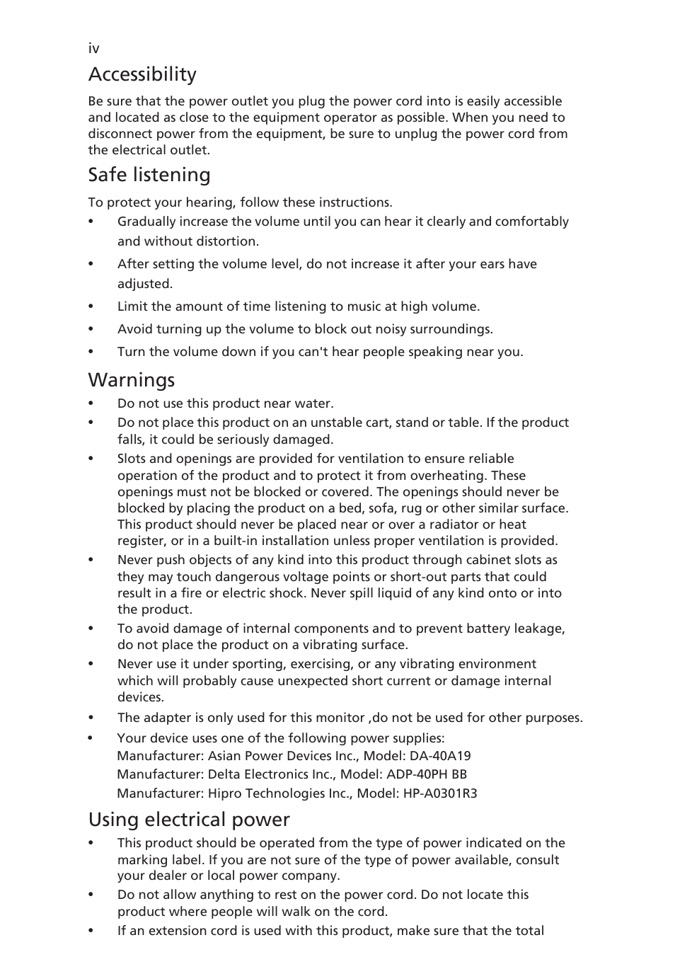 Accessibility, Safe listening, Warnings | Using electrical power | Acer V245HL User Manual | Page 4 / 29