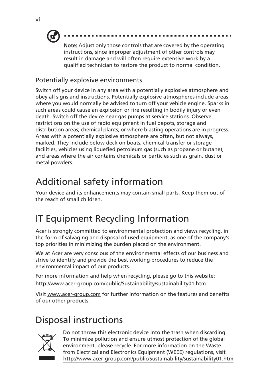 Additional safety information, It equipment recycling information, Disposal instructions | Acer V245HL User Manual | Page 6 / 29