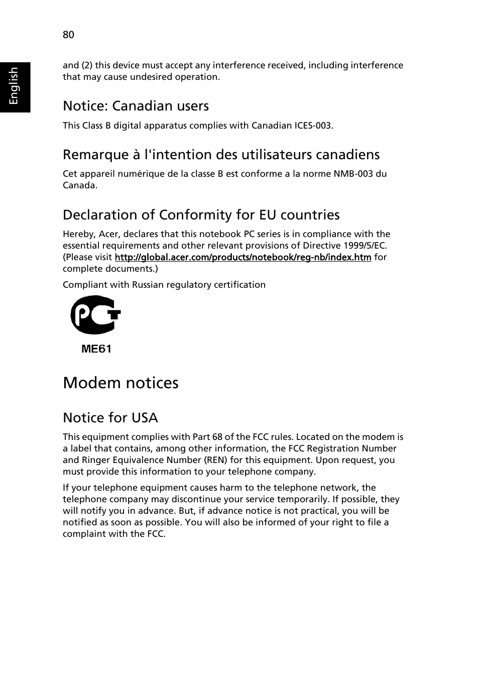 Modem notices, Notice: canadian users, Remarque à l'intention des utilisateurs canadiens | Declaration of conformity for eu countries, Notice for usa | Acer Aspire 2920Z User Manual | Page 101 / 111