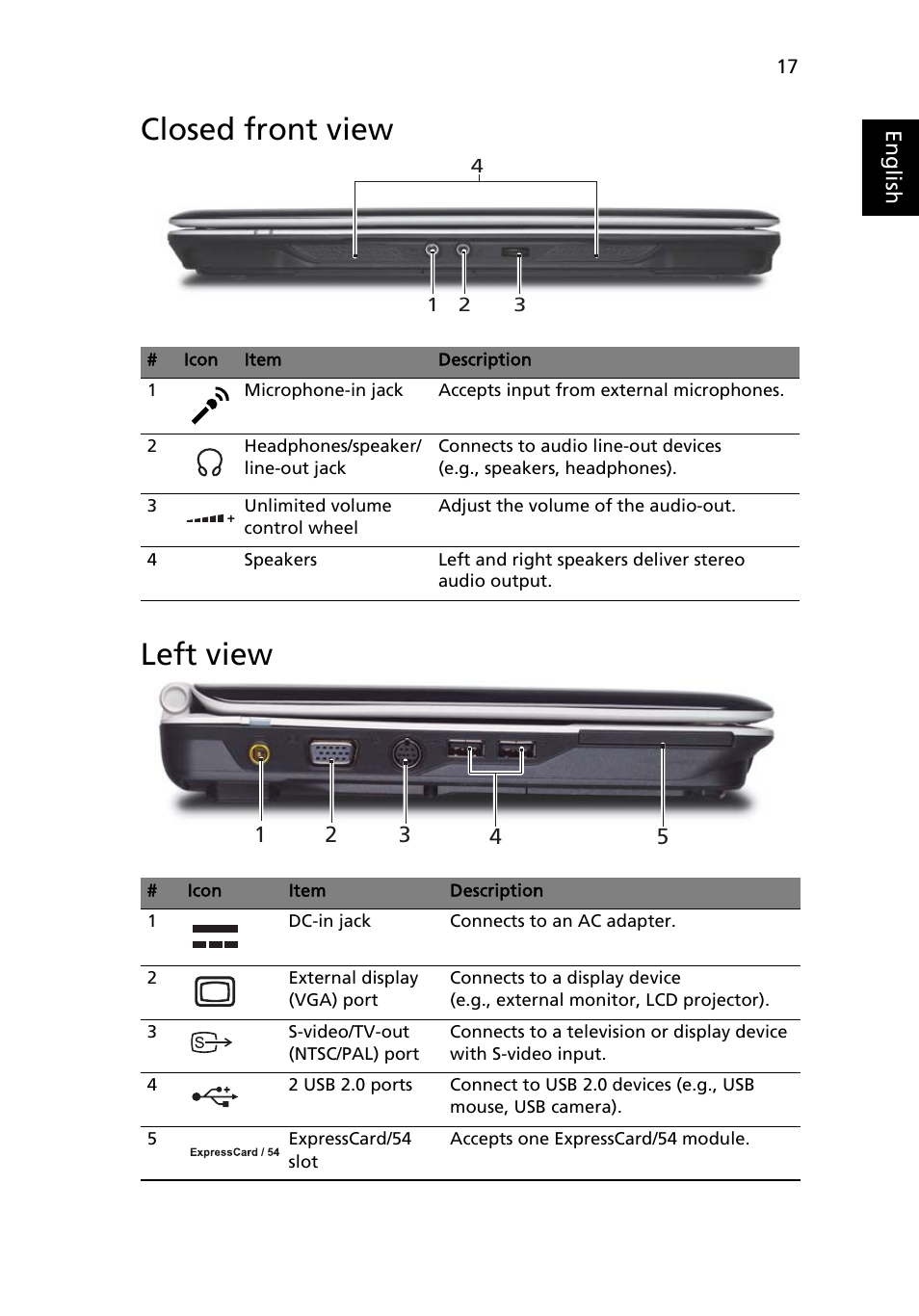 Closed front view, Left view, Closed front view left view | Acer Aspire 2920Z User Manual | Page 39 / 111