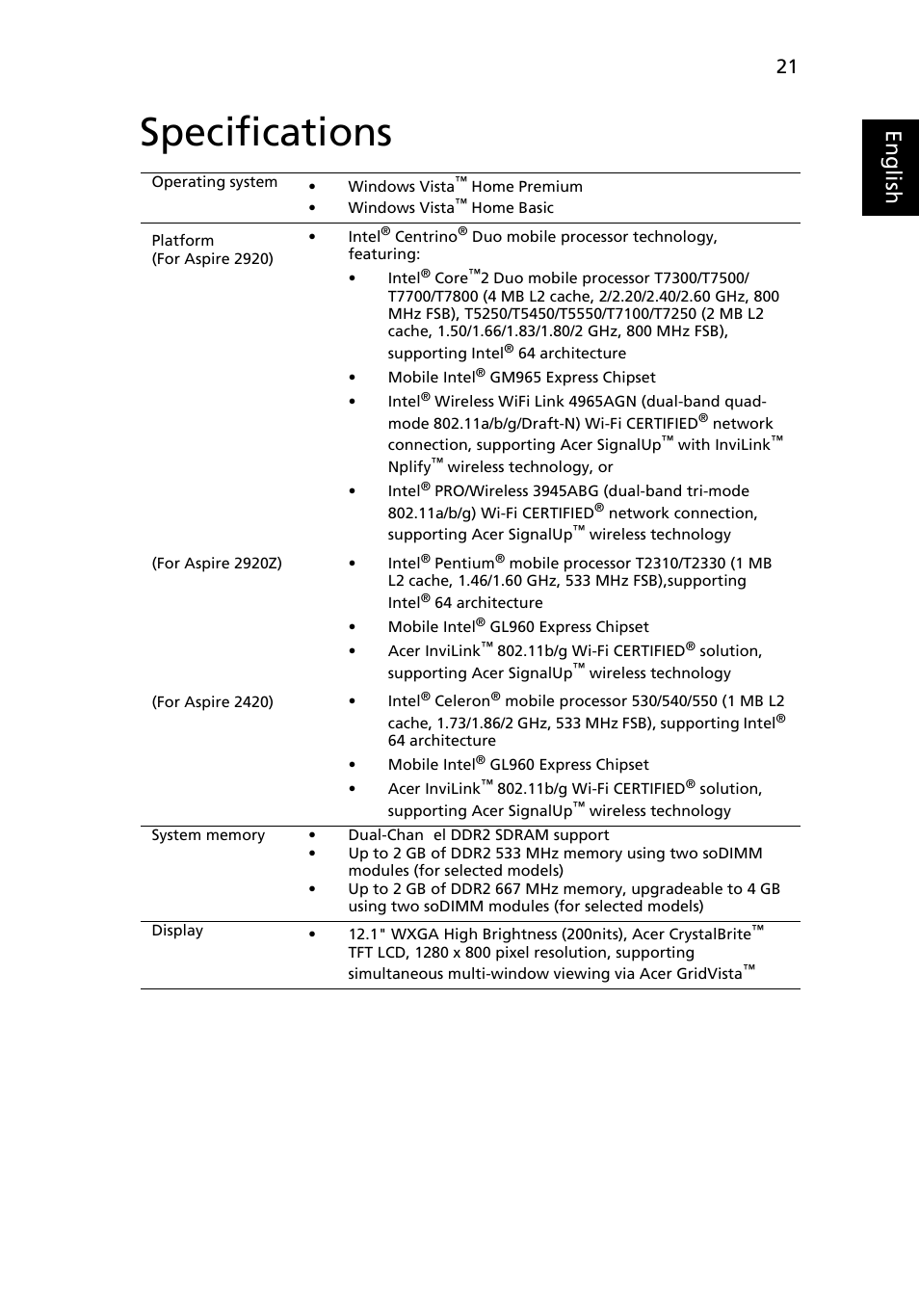 Specifications, Eng lis h | Acer Aspire 2920Z User Manual | Page 43 / 111