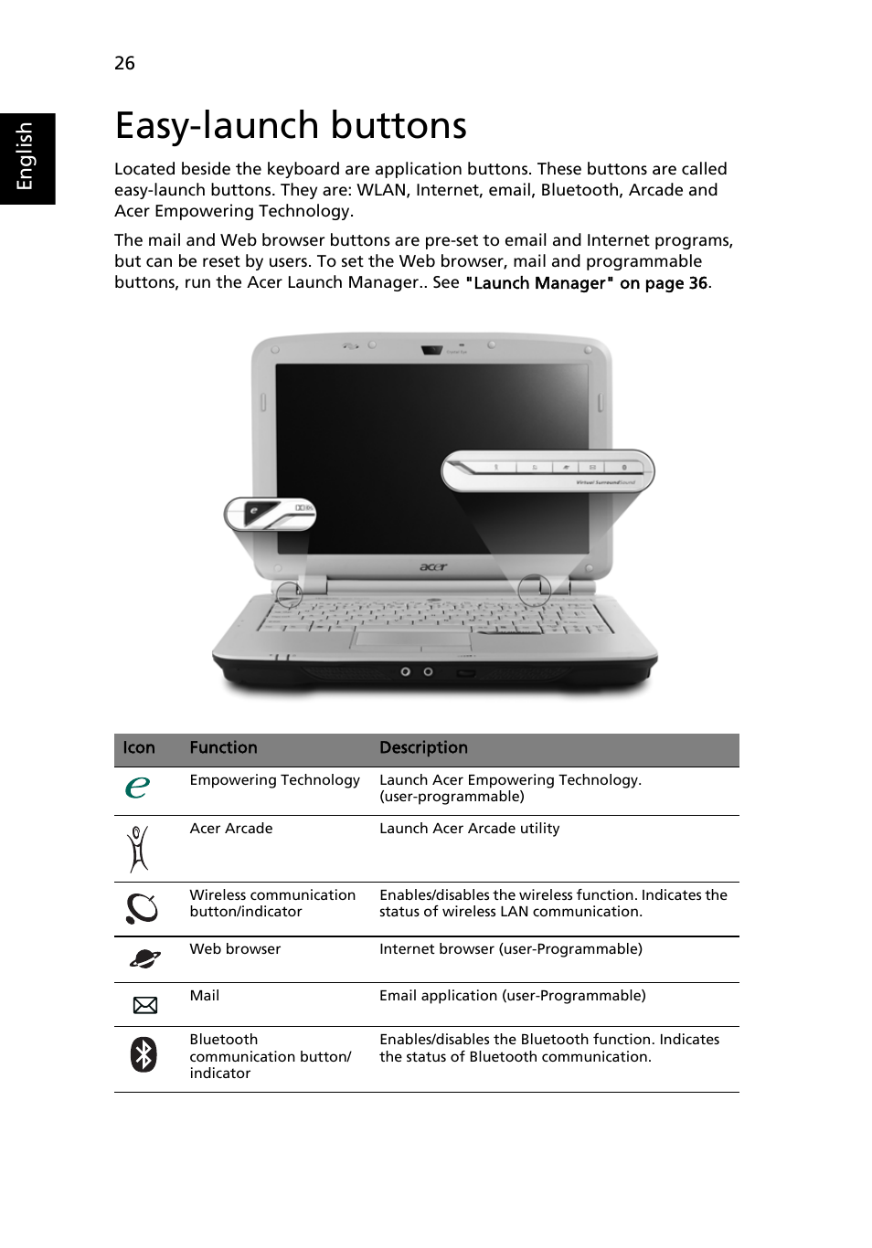 Easy-launch buttons, Eng lis h | Acer Aspire 2920Z User Manual | Page 48 / 111