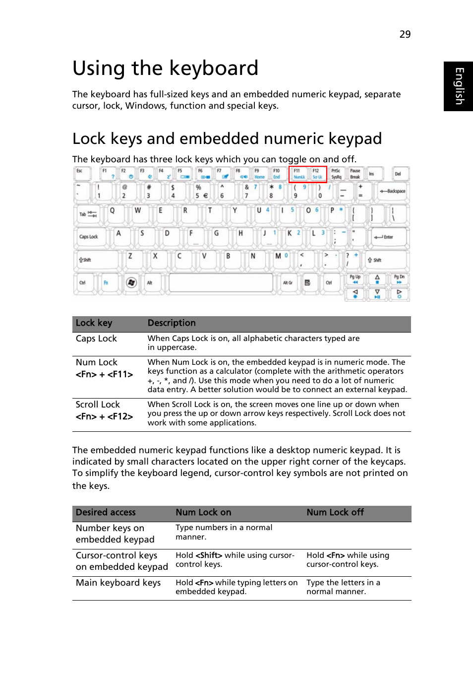 Using the keyboard, Lock keys and embedded numeric keypad, Eng lis h | Acer Aspire 2920Z User Manual | Page 51 / 111