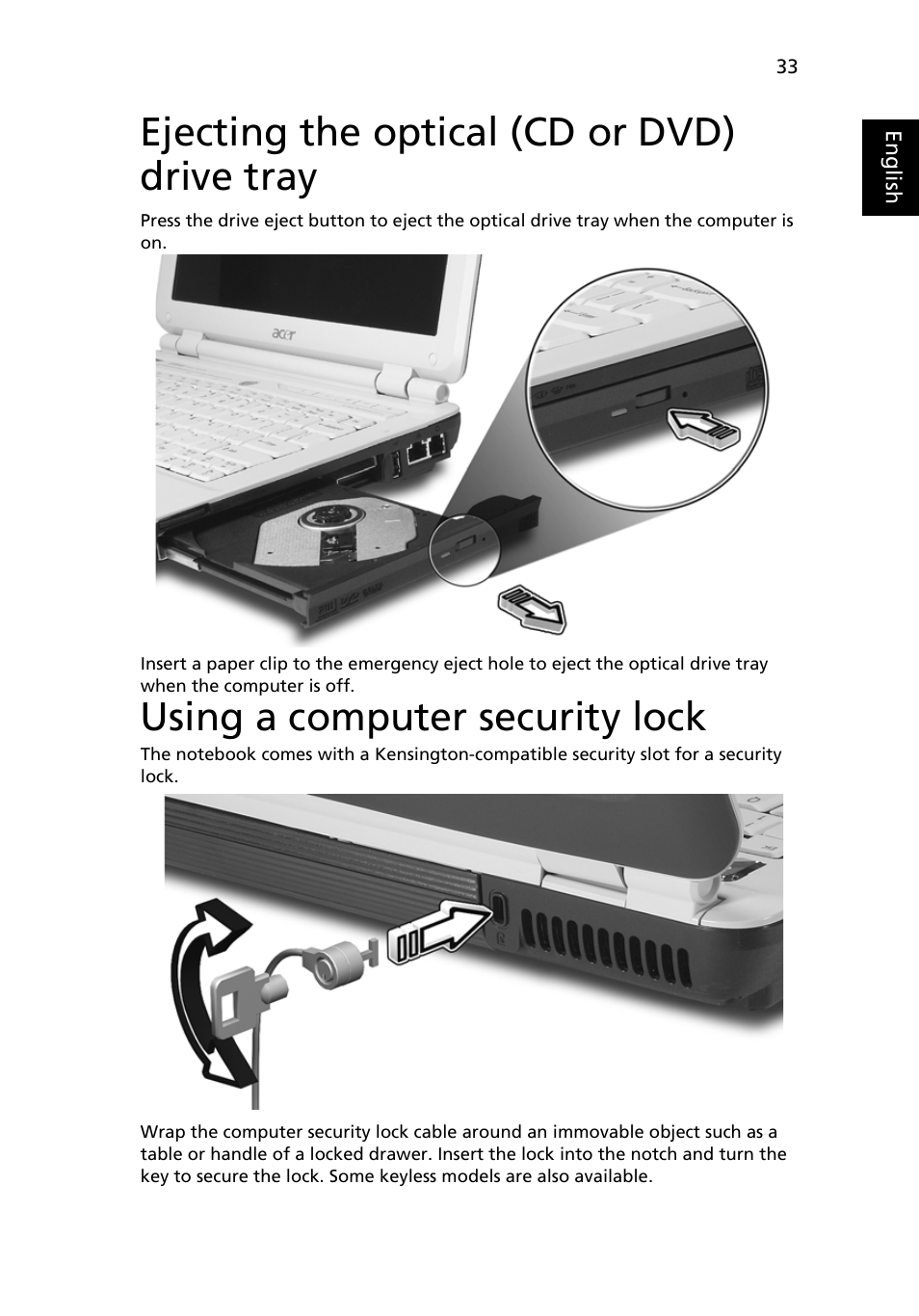 Ejecting the optical (cd or dvd) drive tray, Using a computer security lock | Acer Aspire 2920Z User Manual | Page 55 / 111