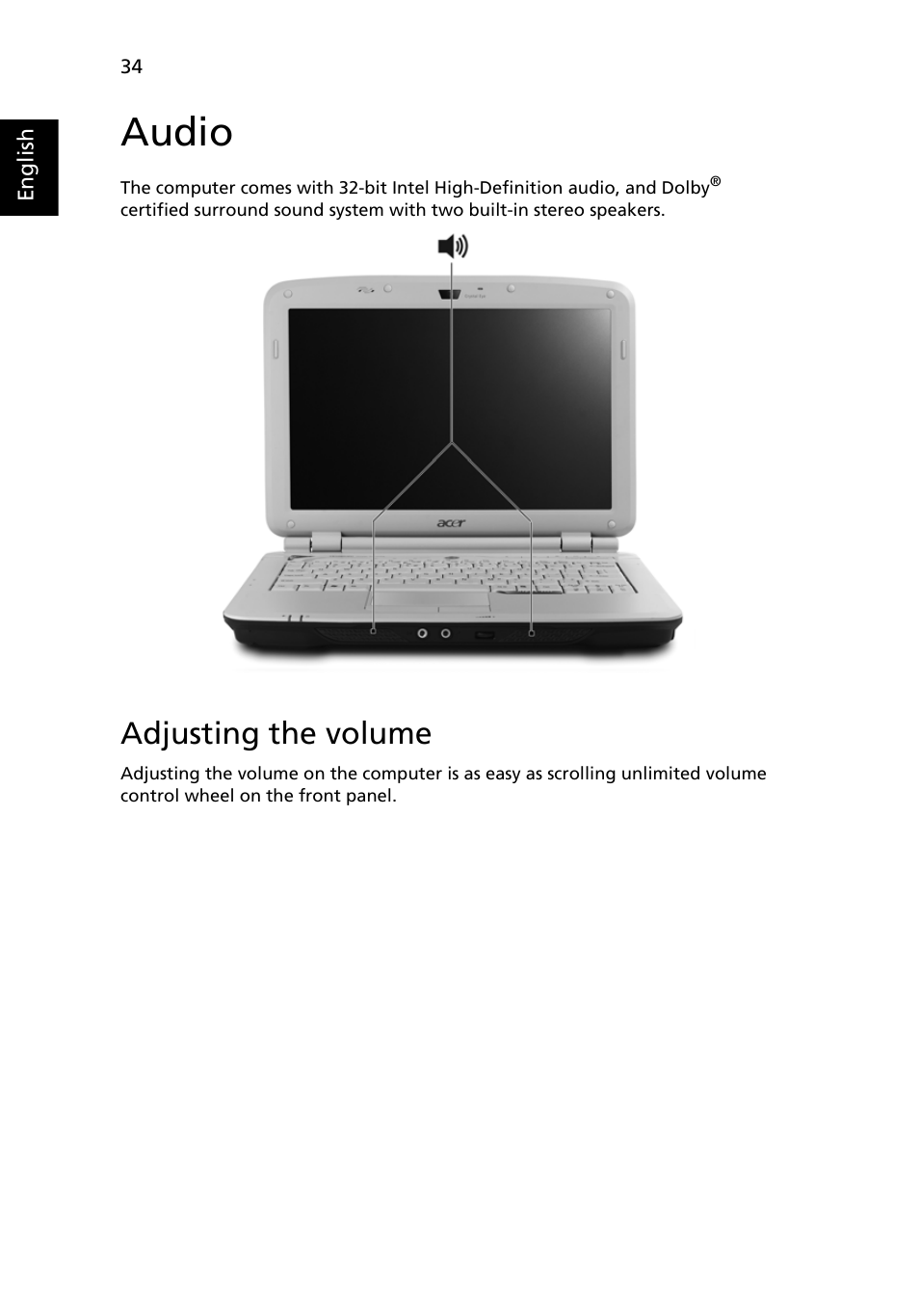 Audio, Adjusting the volume | Acer Aspire 2920Z User Manual | Page 56 / 111