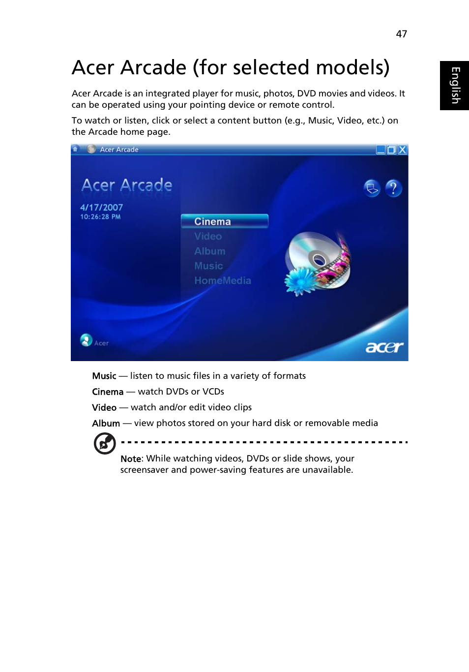 Acer arcade (for selected models), Finding and playing content | Acer Aspire 2920Z User Manual | Page 68 / 111