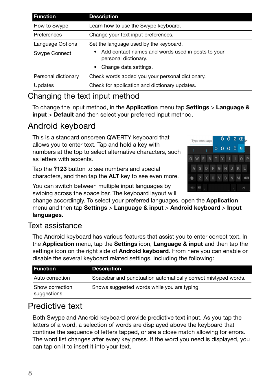 Android keyboard, Predictive text, Changing the text input method | Text assistance | Acer S500 User Manual | Page 10 / 59