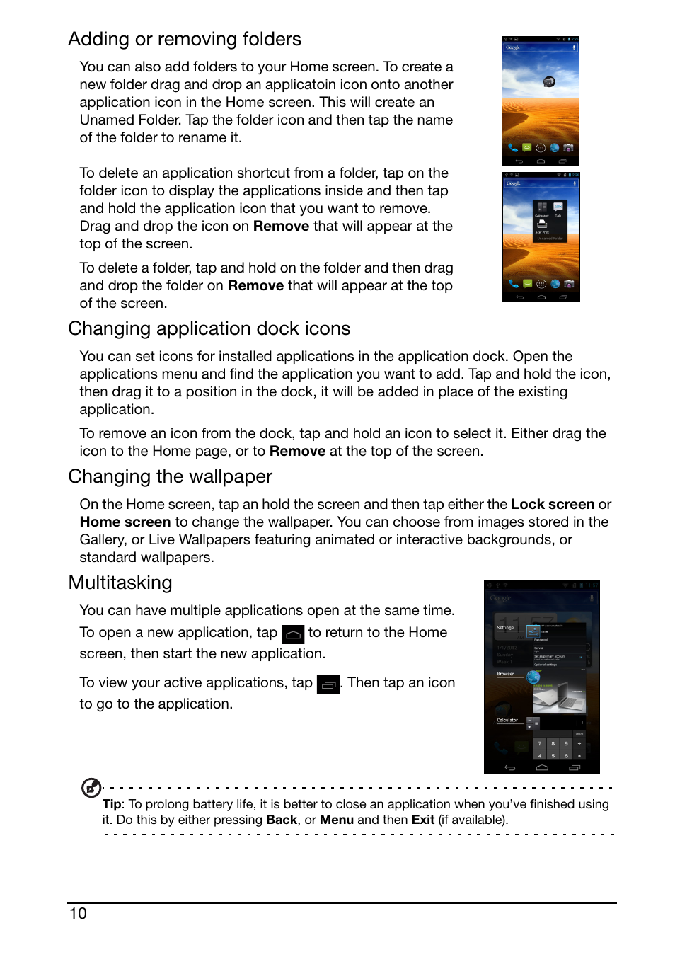 Adding or removing folders, Changing application dock icons, Changing the wallpaper | Multitasking | Acer S500 User Manual | Page 12 / 59