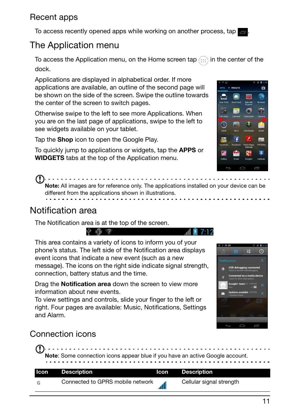 The application menu, Notification area, Recent apps | Connection icons | Acer S500 User Manual | Page 13 / 59