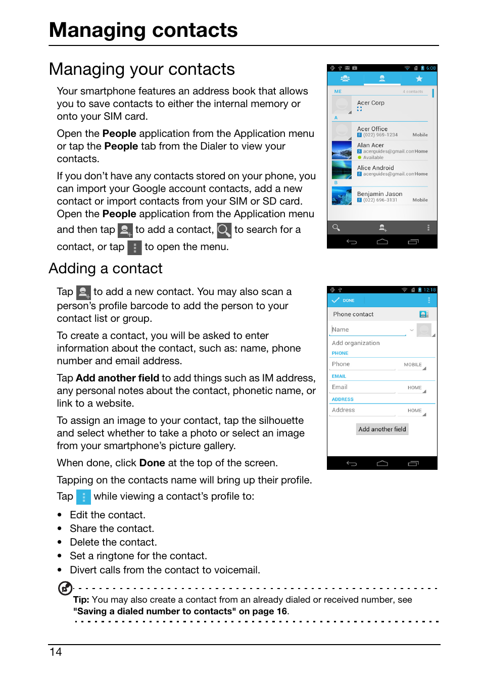 Managing contacts, Managing your contacts, Adding a contact | Acer S500 User Manual | Page 16 / 59