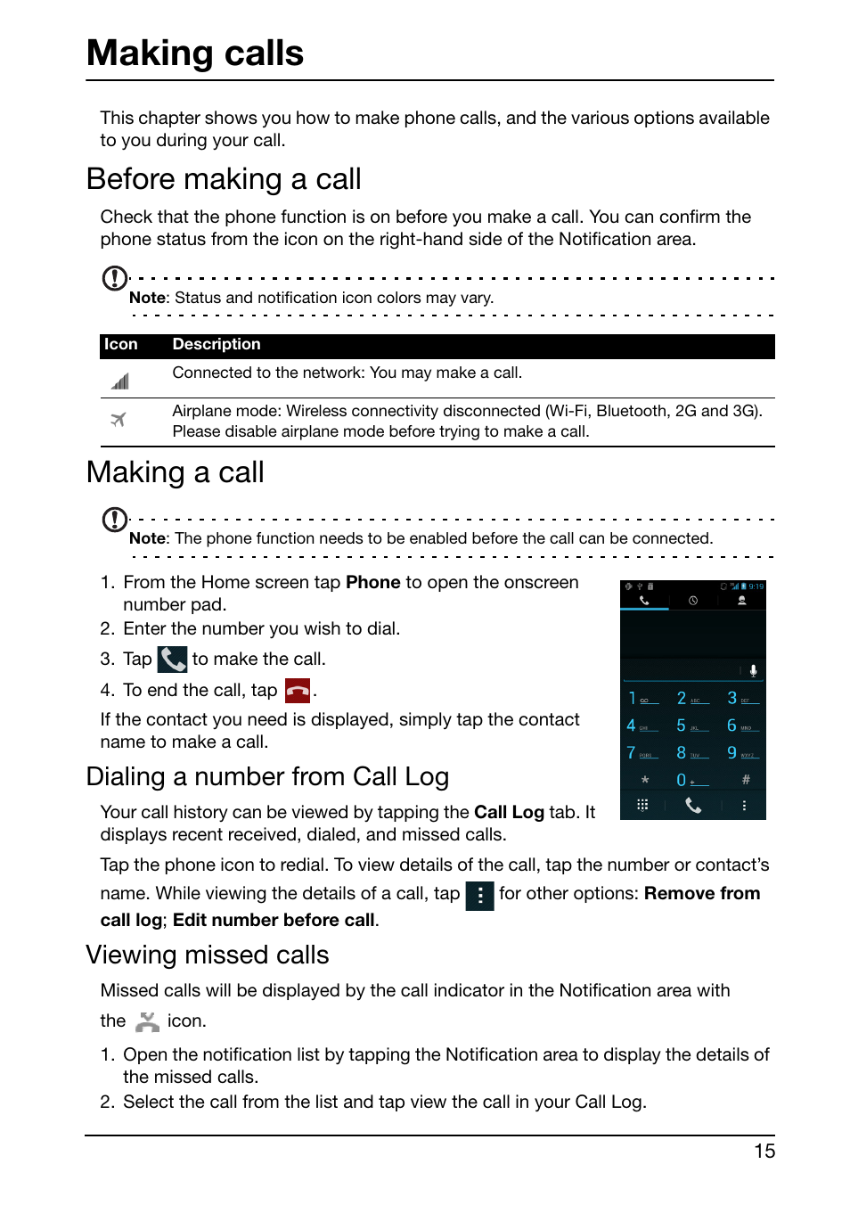 Making calls, Before making a call, Making a call | Dialing a number from call log, Viewing missed calls, Before making a call making a call | Acer S500 User Manual | Page 17 / 59