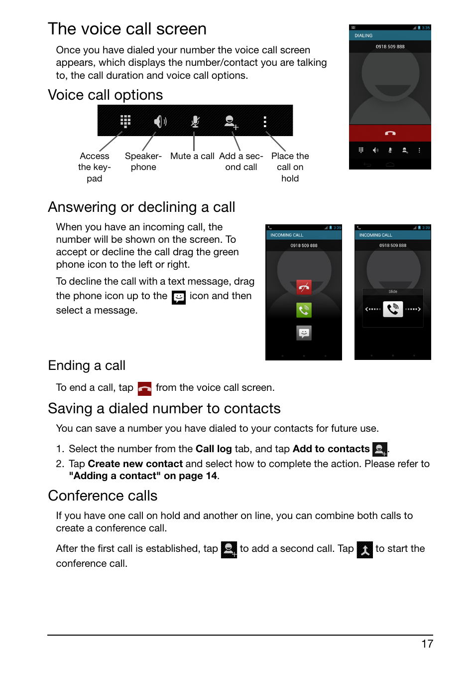 The voice call screen, Voice call options, Answering or declining a call | Saving a dialed number to contacts, Conference calls, Voice call options answering or declining a call, Ending a call | Acer S500 User Manual | Page 19 / 59