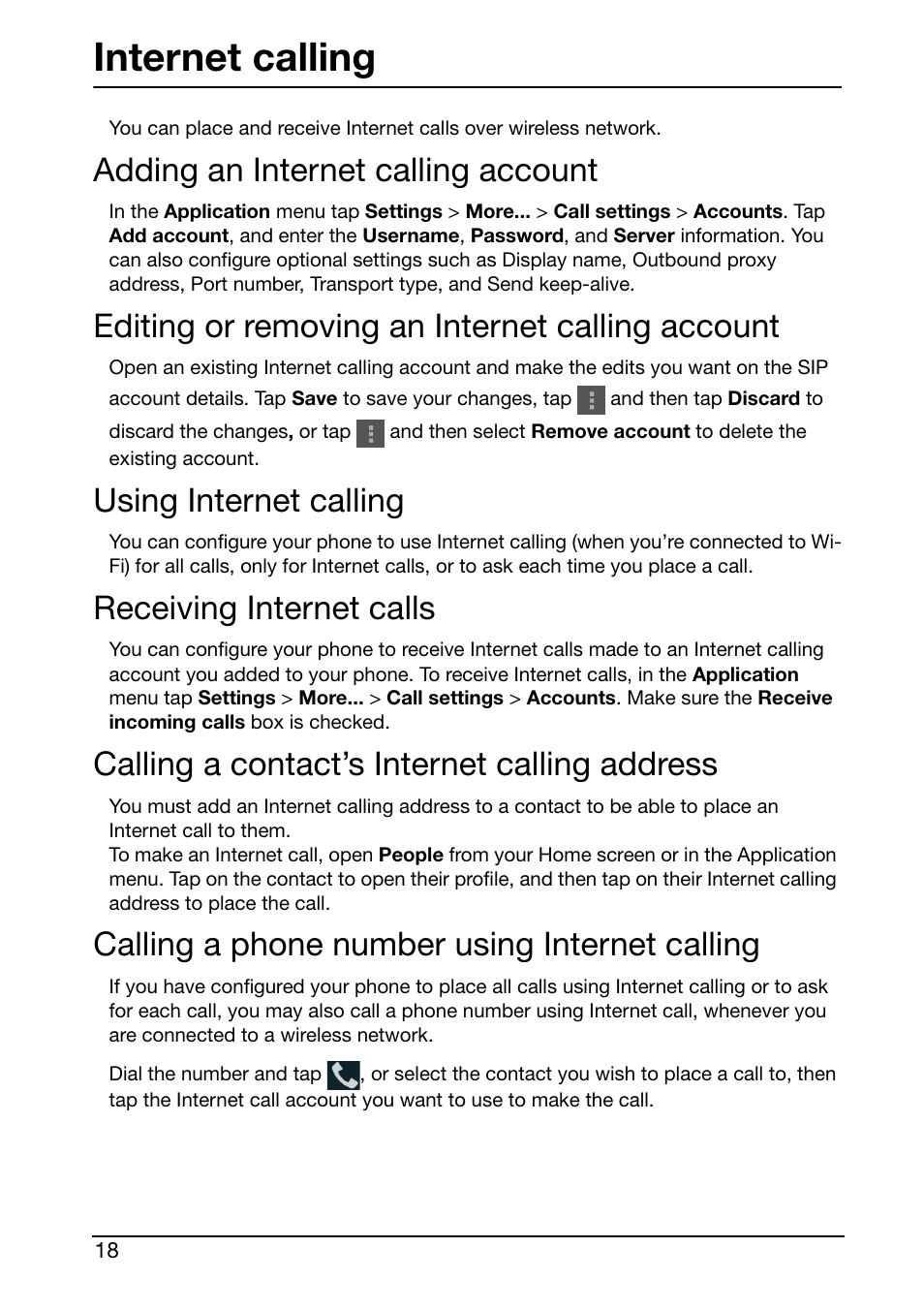 Internet calling, Adding an internet calling account, Editing or removing an internet calling account | Using internet calling, Receiving internet calls, Calling a contact’s internet calling address, Calling a phone number using internet calling | Acer S500 User Manual | Page 20 / 59