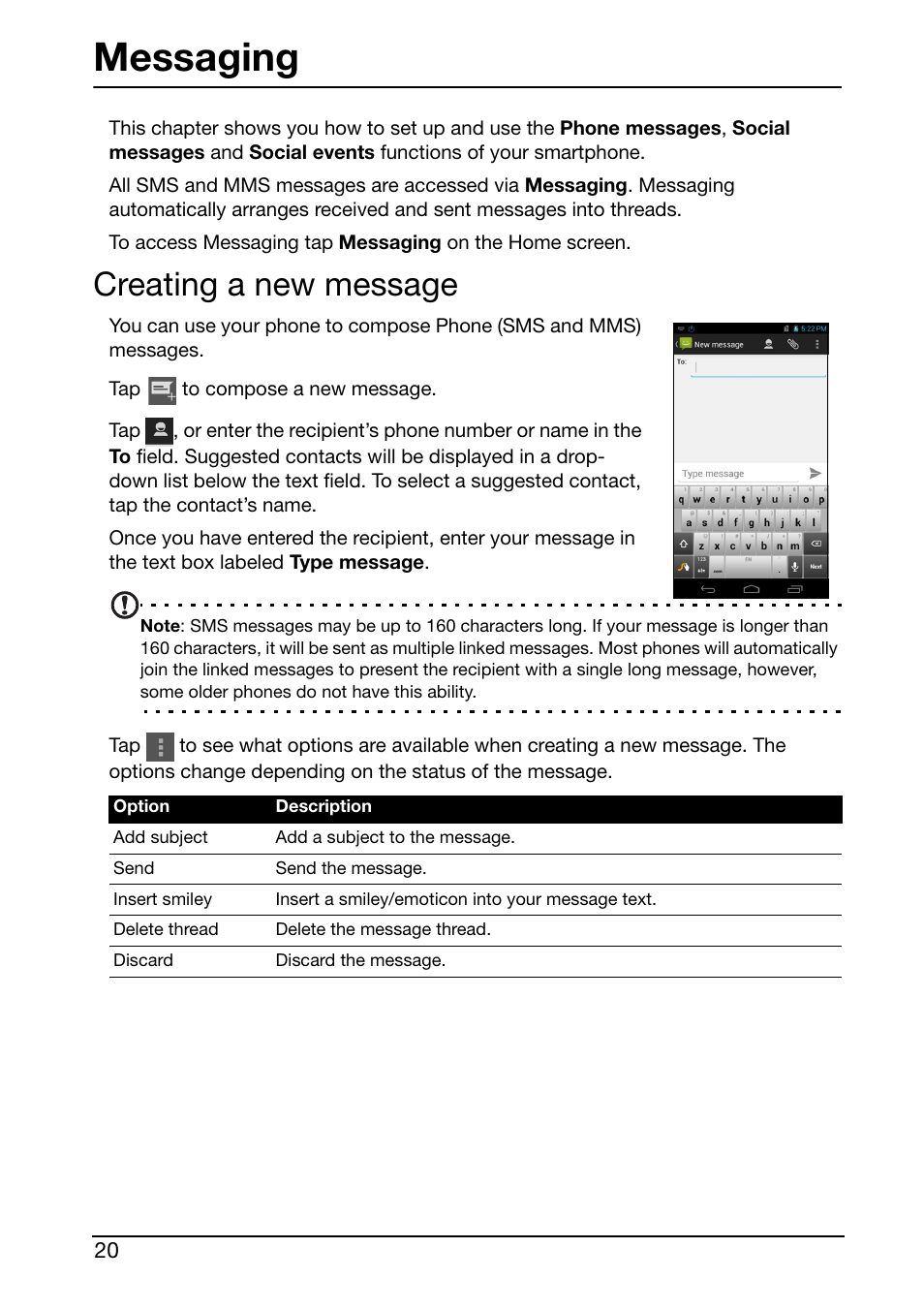 Messaging, Creating a new message | Acer S500 User Manual | Page 22 / 59