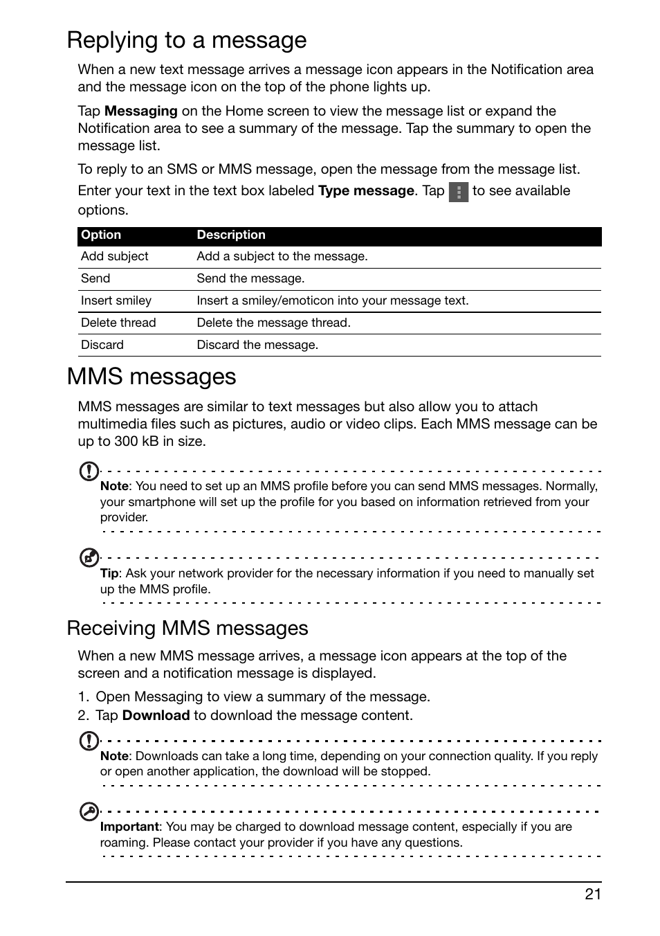 Replying to a message, Mms messages, Receiving mms messages | Replying to a message mms messages | Acer S500 User Manual | Page 23 / 59