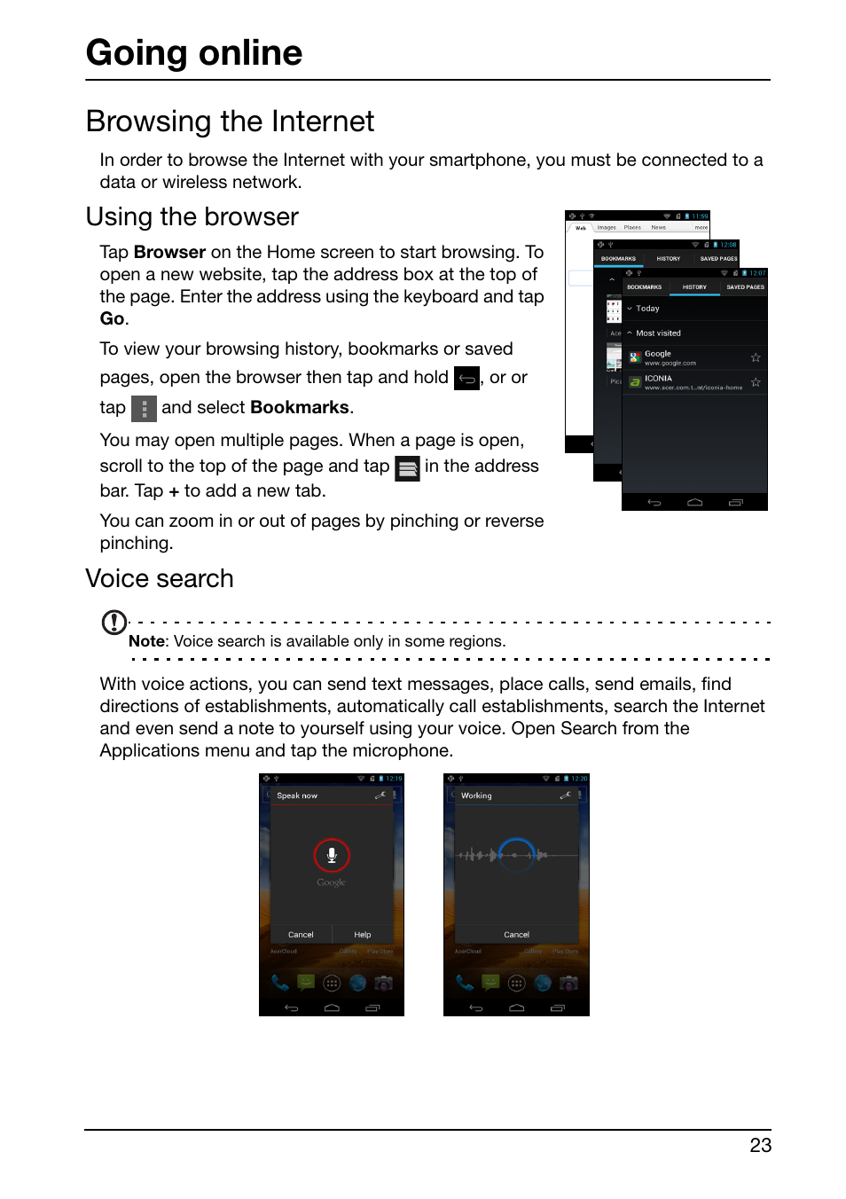 Going online, Browsing the internet, Using the browser | Voice search | Acer S500 User Manual | Page 25 / 59