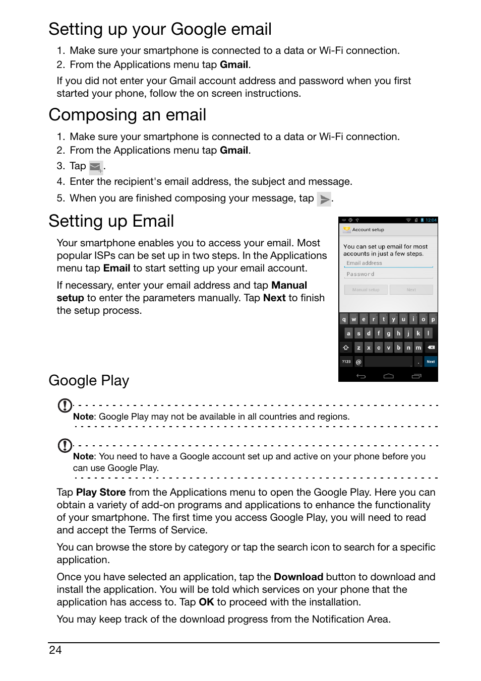 Setting up your google email, Composing an email, Setting up email | Google play | Acer S500 User Manual | Page 26 / 59