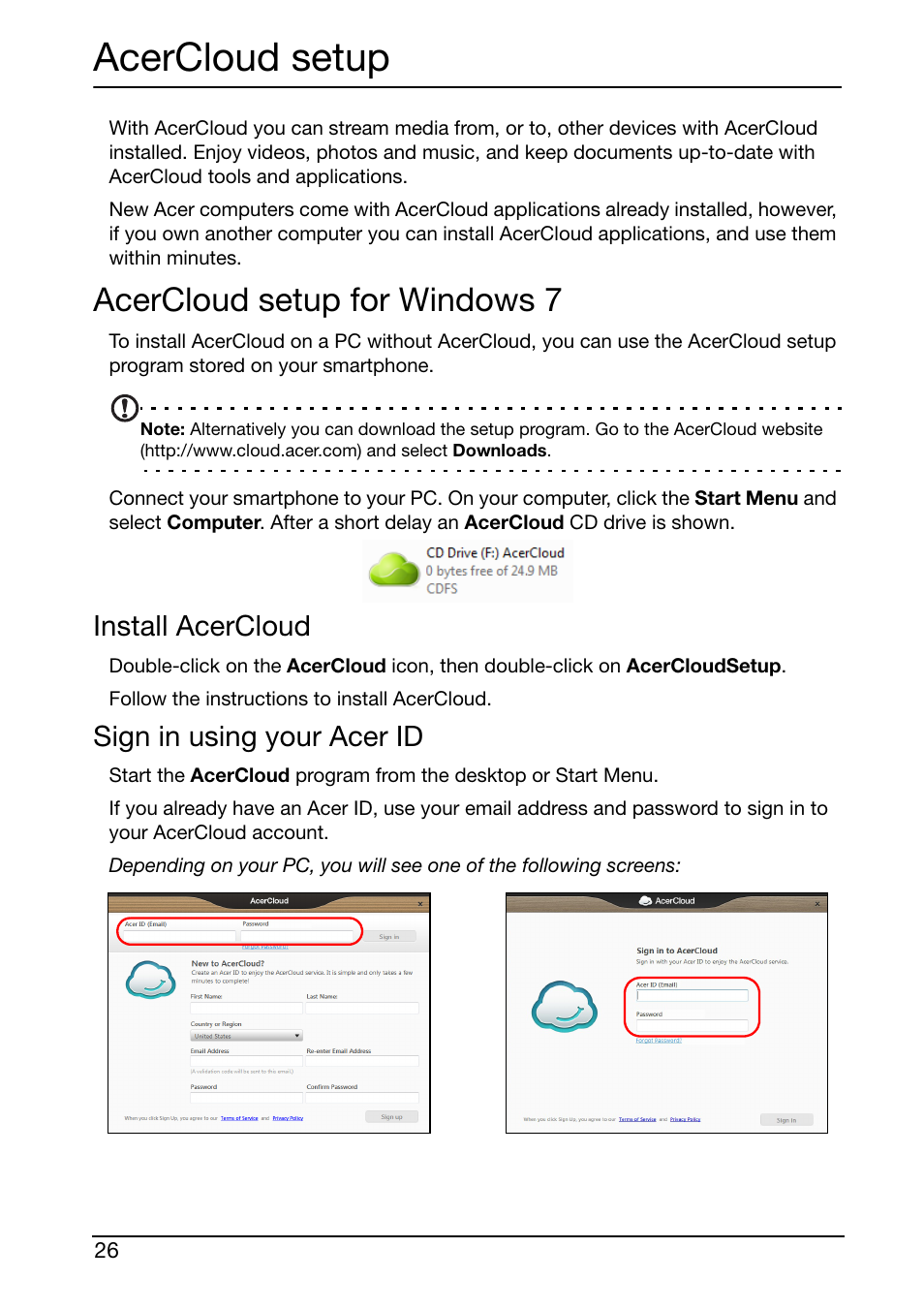 Acercloud setup, Acercloud setup for windows 7, Install acercloud | Sign in using your acer id | Acer S500 User Manual | Page 28 / 59