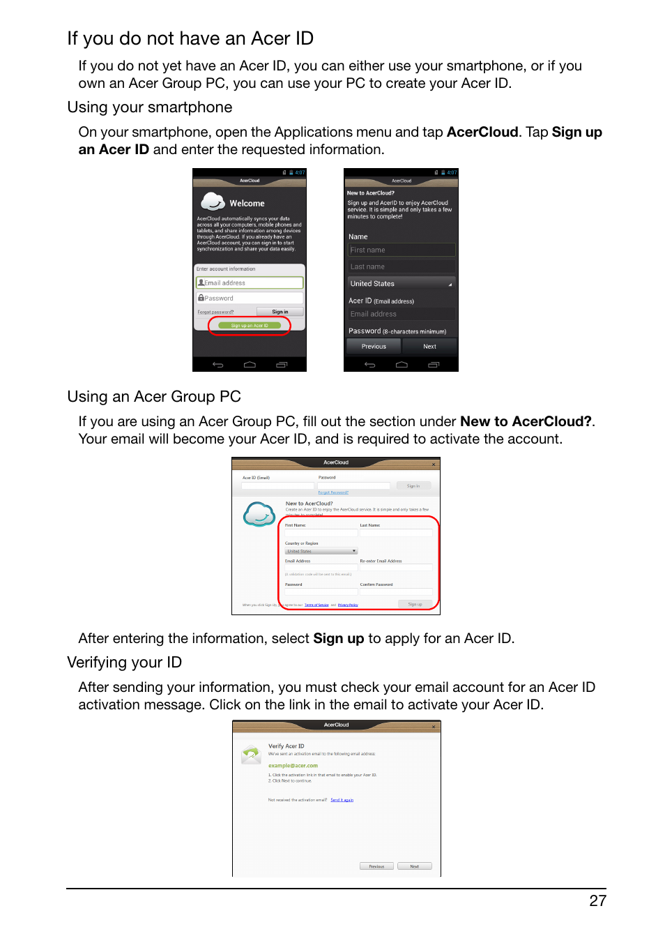 If you do not have an acer id | Acer S500 User Manual | Page 29 / 59