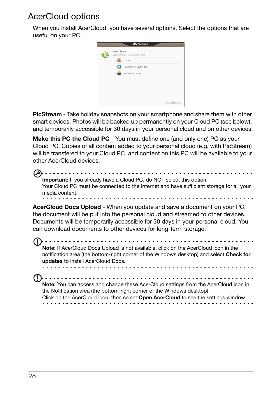 Acercloud options | Acer S500 User Manual | Page 30 / 59