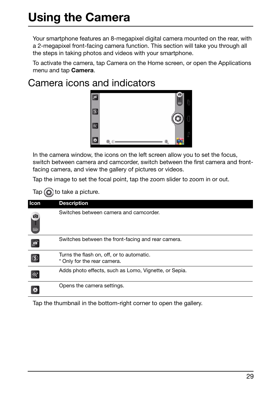 Using the camera, Camera icons and indicators | Acer S500 User Manual | Page 31 / 59