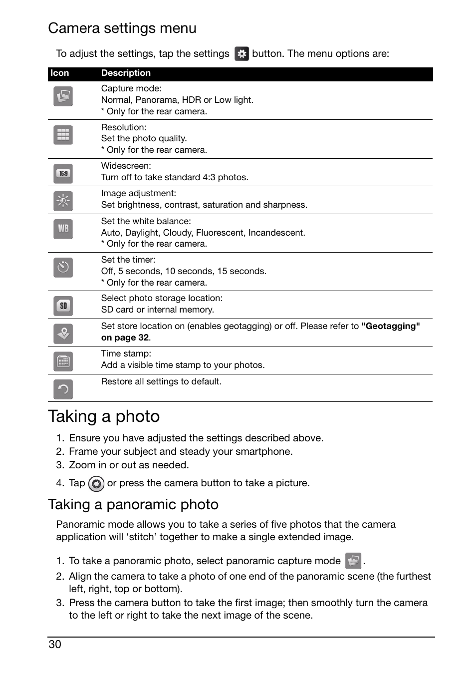 Camera settings menu, Taking a photo, Taking a panoramic photo | Acer S500 User Manual | Page 32 / 59