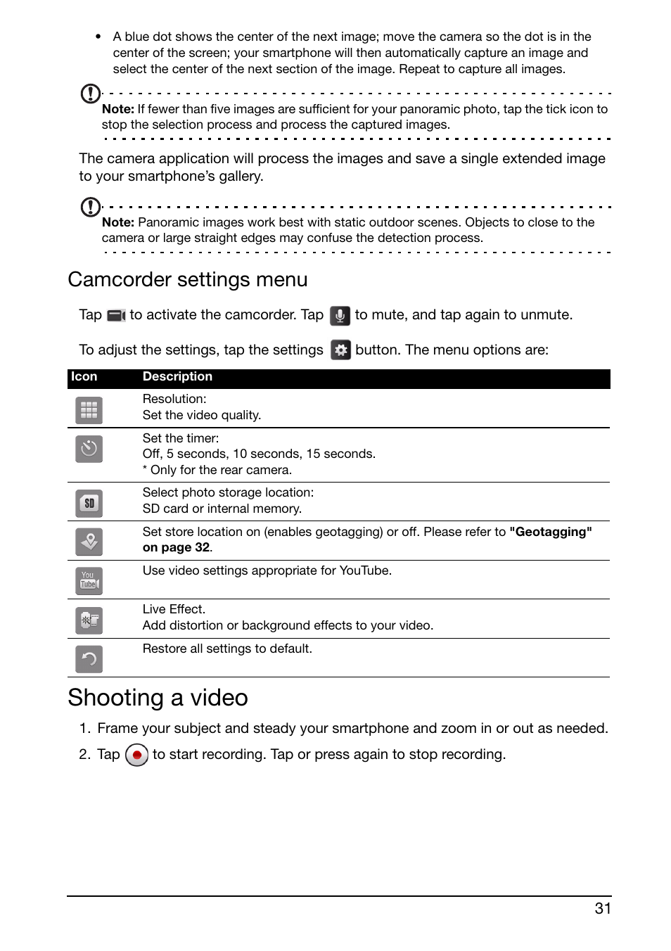 Camcorder settings menu, Shooting a video | Acer S500 User Manual | Page 33 / 59